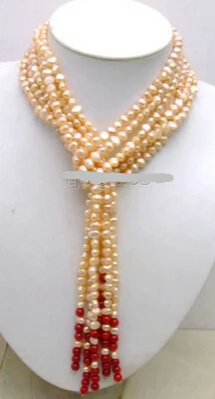 

Jewelr 004534 SALE Long 45" natural 6-7mm Pink Baroque Pearl & Red coral 3 Strands Necklace