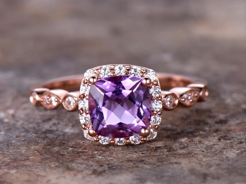 

6.5mm Cushion Amethyst Engagement ring petite rose gold plated 925 sterling silver stacking Art deco wedding band CZ Bridal ring