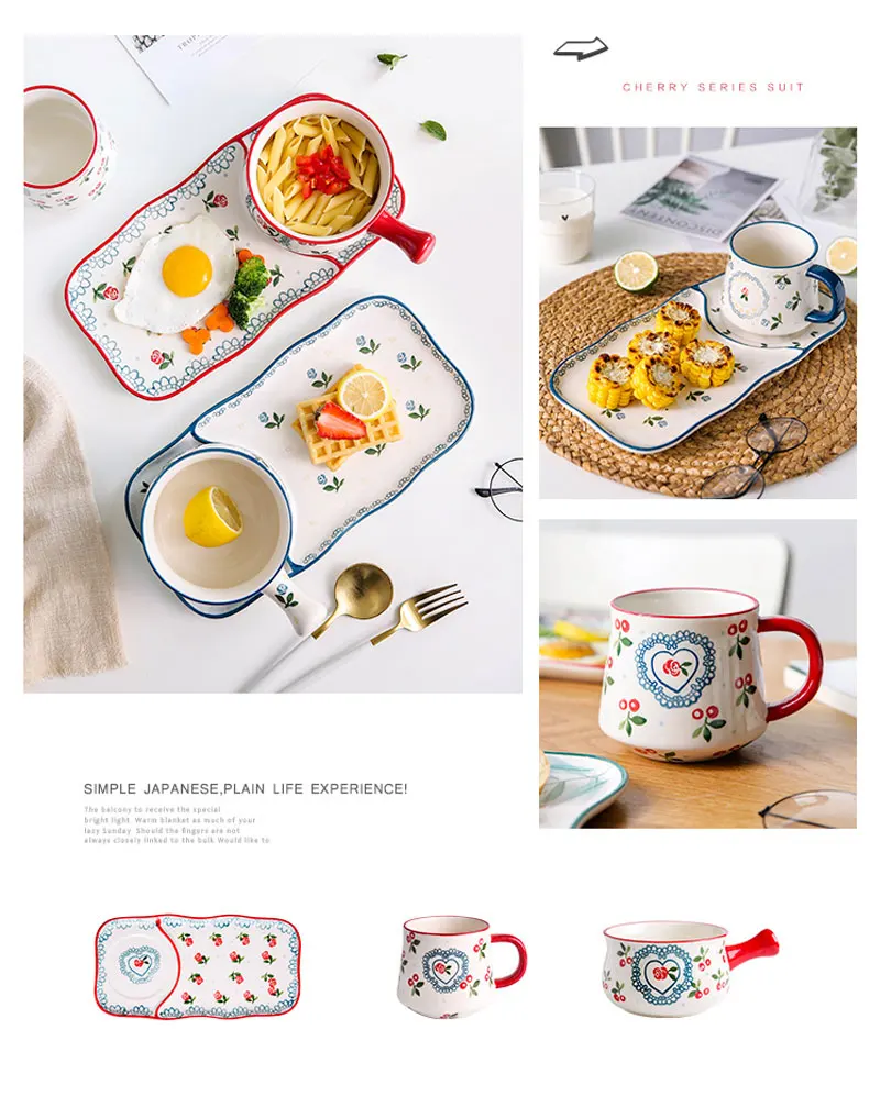 Керамическое блюдо, японская посуда для завтрака, набор столовых приборов, посуда для одного человека, креативная Милая вишневая тарелка для завтрака, миска для овсяной каши