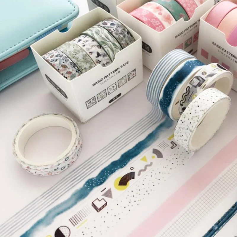 

5 Pcs/pack Kawaii Basic Style Solid Color Sakura Stripe Dot Washi Tapes DIY Scrapbooking Sticker Label Masking Tape Stationery