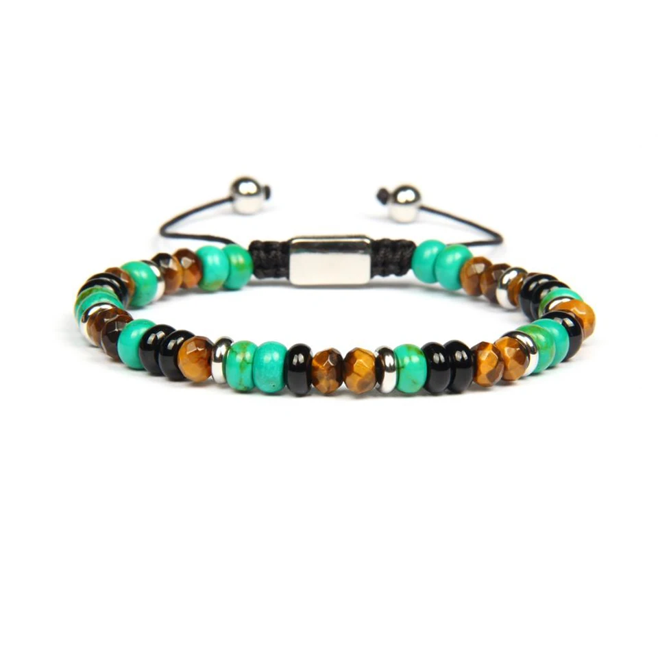 

Ailatu New Arrival Men Wristband Macrame Bracelet 4x6mm Faceted Tiger Eye Stone Stainless Steel Jewelry Provide Engrave Logo