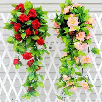 

Fake Silk Roses Ivy Vine Artificial Flowers with Green Leaves For Home Wedding Decoration Hanging Garland Decor 250cm