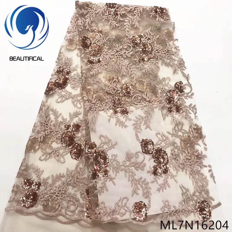 

Beautifical african lace fabrics New arrival nigerian lace sequins embroidery fabric for wedding 5yars net lace fabric ML7N162