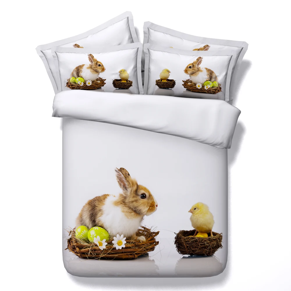 

cute 3d rabbit cock bird bed linen white animal print bedding sets queen twin king sizes duvet cover 3/4pcs bedspreads teens kid