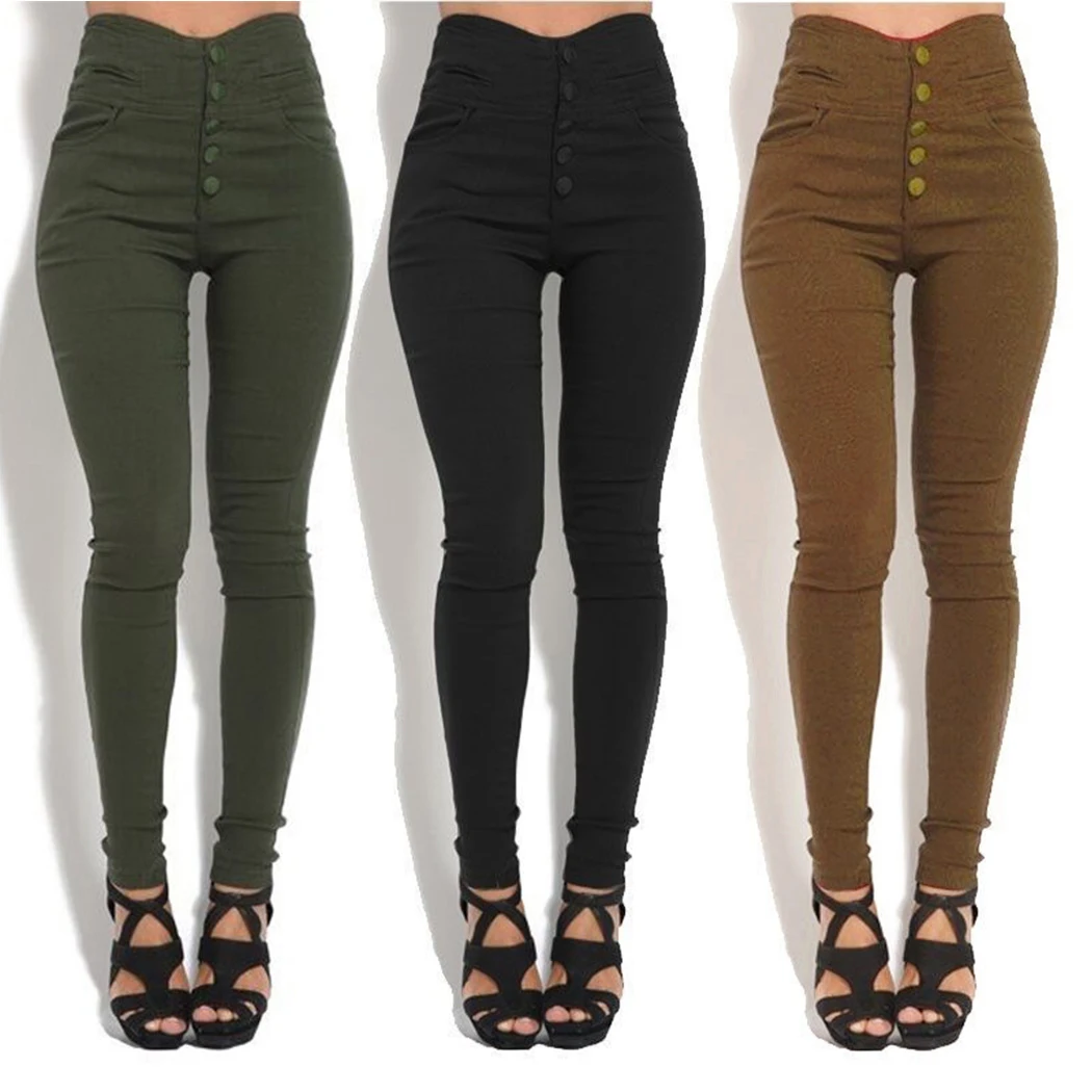 Fashion Women Pencil Pants Leggings Sexy Button High Waist Slim Skinny Plus Size Female Solid Long Trouses Pantalon 3XL | Женская одежда