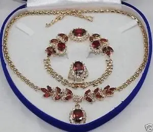

Free shippingBeautiful Gifts true red ruby yellow gold Earring Bracelet Necklace Ring set (A0503)