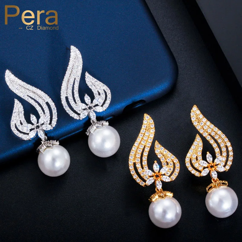 

Pera Vintage Women Yellow Gold Color Ear Jewelry Big Cubic Zirconia Stone Pearl Drop Long Earrings For Bridal Wedding Gift E398