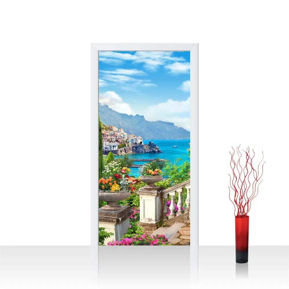 

3D Door Mural Seaside Flower Stair Door Sticker Wallpaper Wall Print Decal Wall Deco Wall Mural Photo self adhesive door wrap