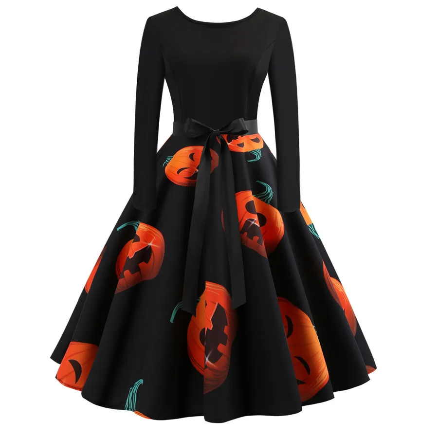 

herbst Frauen Casual Volle Hülse Oansatz Retro Schädel Skeleton Print Tunika Schaukel Halloween Party Midi Kleider Kostüm
