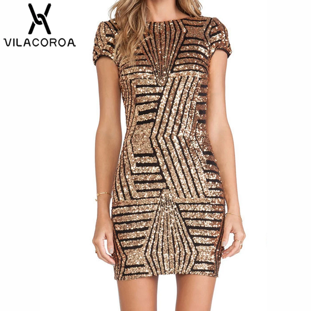 

Elegant Short Sleeve Gold Dress For Women Vestidos Sexy Sequin Stitching Backless Bag Hip Mini Party Dress robe femme vestido