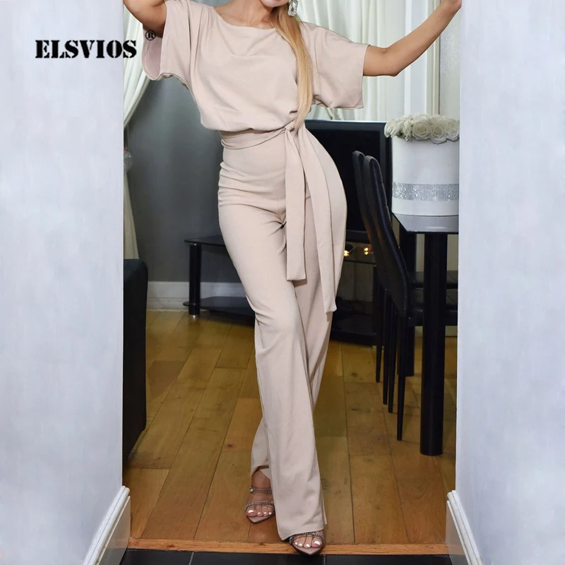 ELSVIOS, офисный женский комбинезон, весна, модный сексуальный комбинезон, свободный однотонный длинный комбинезон, на шнуровке, с поясом, комбинезон, Комбинезоны