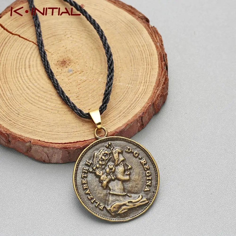 New UK Queen Elizabeth II Head Shape Pendant Necklace Antique Bronze