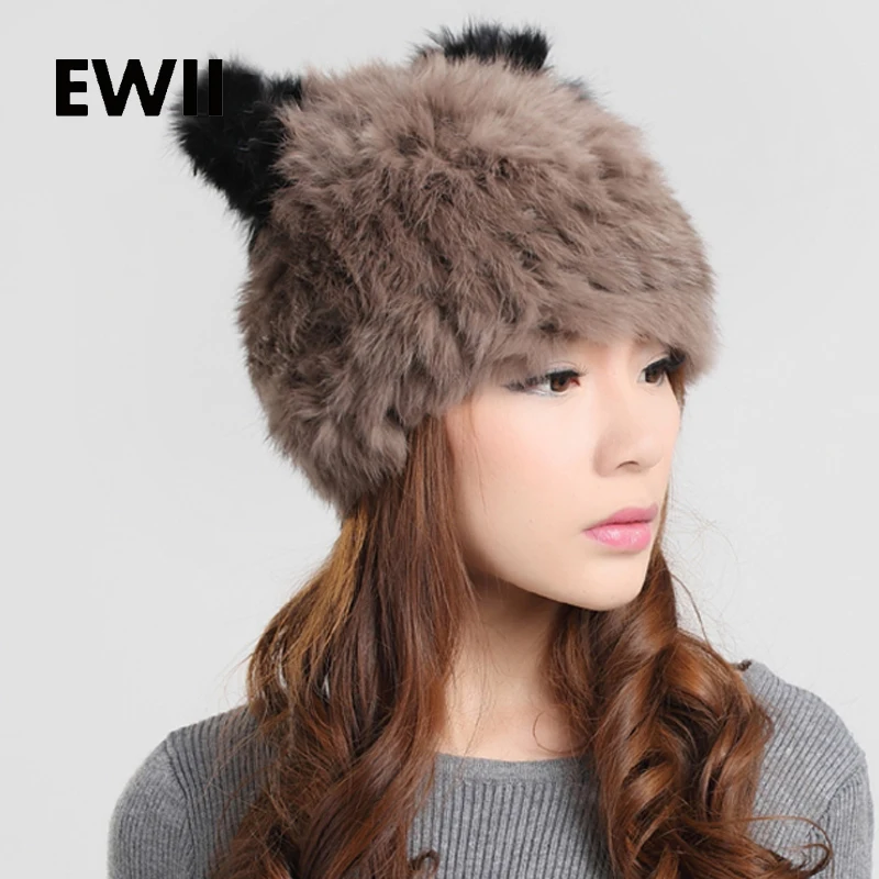 

2017 New winter women beanie hat female real rex rabbit cap lovely panda skullies hats for woman