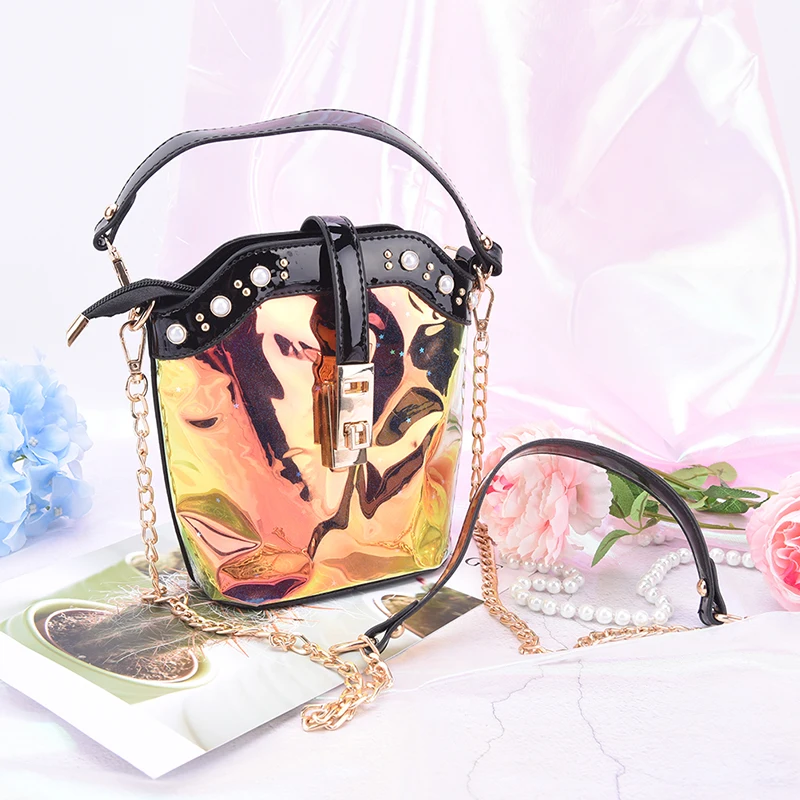 Brand Women Summer Laser Candy Jelly Crossbody Bag Fashion Cool PVC Travel Handbag Sequins Transparent Pearl Shoulder Bag