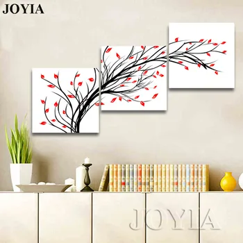 

(No Frame) Modern Abstract Painting 3 Piece Wall Pictures For Living Room Decor Black Tree Branches Red Leaf Canvas Art Print