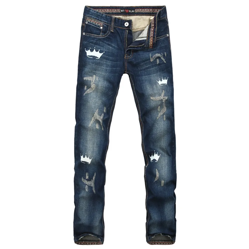 Men s fashion wolf print stretch denim jeans Slim black painted straight pants Long trousers