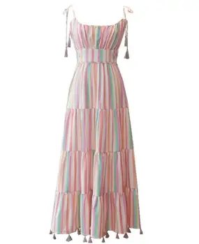 

Rainbow color girl heart dress 19 summer new women's holiday wind tassel strap dressT3555