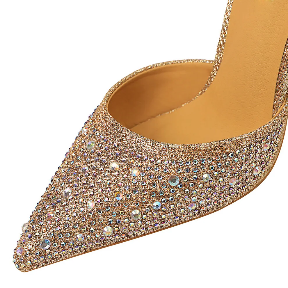 Г.; пикантные женские босоножки на высоком каблуке 10 см; размер 40; свадебные блестящие туфли на каблуке-шпильке; туфли-лодочки золотистого цвета со стразами