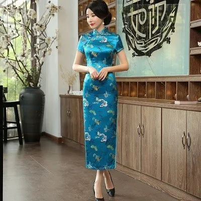 Китайские винтажные платья женские черные длинные Qi Pao Cheongsam черные бабочки печать шаблон короткий рукав костюм для выступлений современный - Цвет: blue Vintage