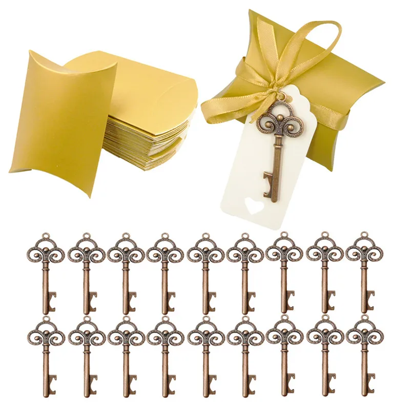 

50set Opener+Rope+Box Wine Bottle Opener with Tags Gold Key Shape Party Wedding Favors Special Events Supplies Beer Bottle Tool