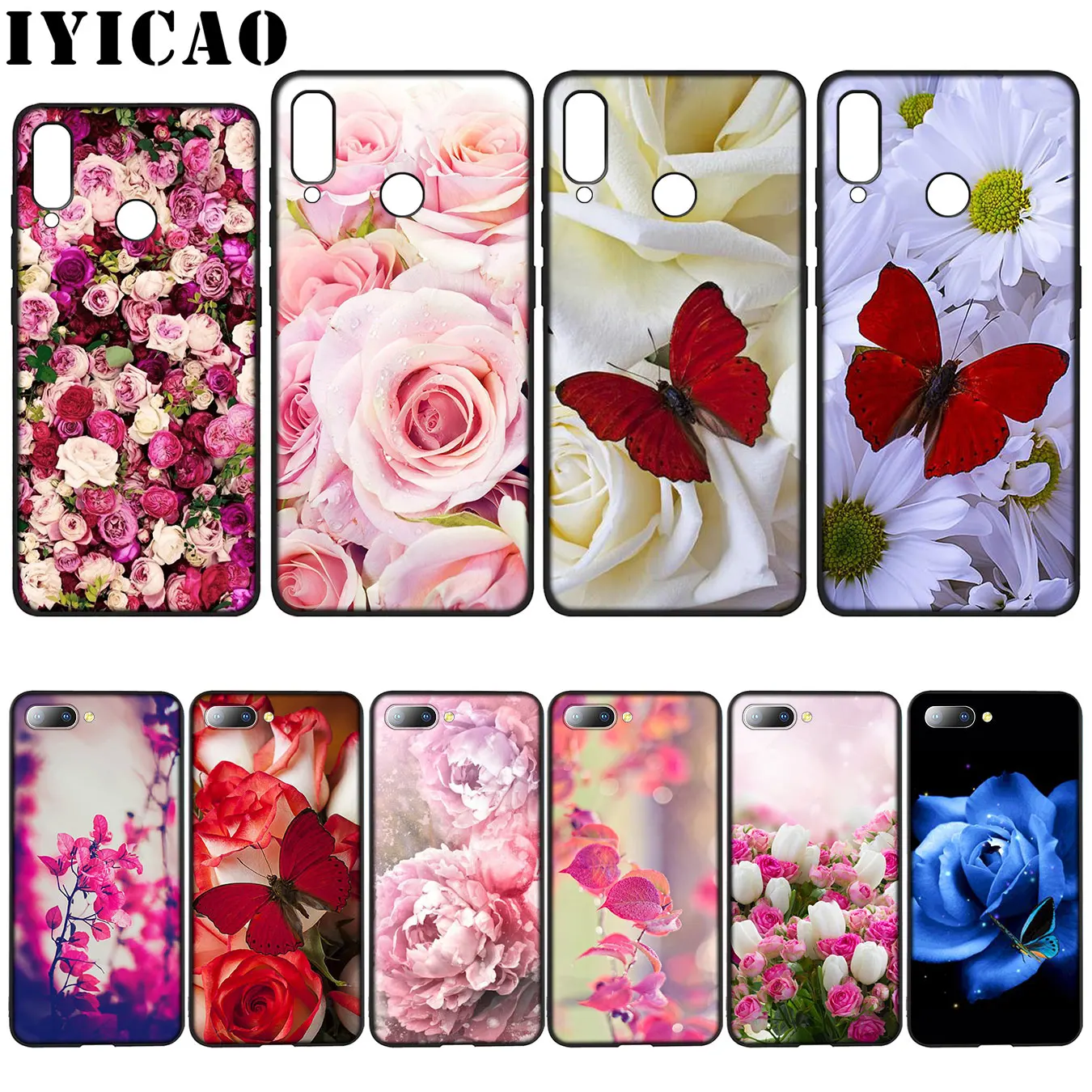 

IYICAO Red butterfly on roses flower Silicone Soft Case for Huawei Y7 Y6 Prime Y9 2018 Honor 8C 8X 8 9 10 Lite 6A 7C 7X 7A Pro