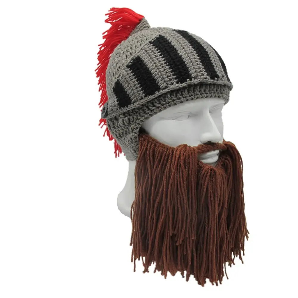 

2018 New Men's Fashion Handmade Face Mask Funny Beanie Ski Cap Roman Helmet Red Tassel Barbarian Knight Knit Beard Hat