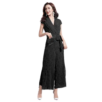 

2019 Summer Women Short Sleeve Striped Jumpsuits Female Office Lady Chiffon Rompers Women Business Wear