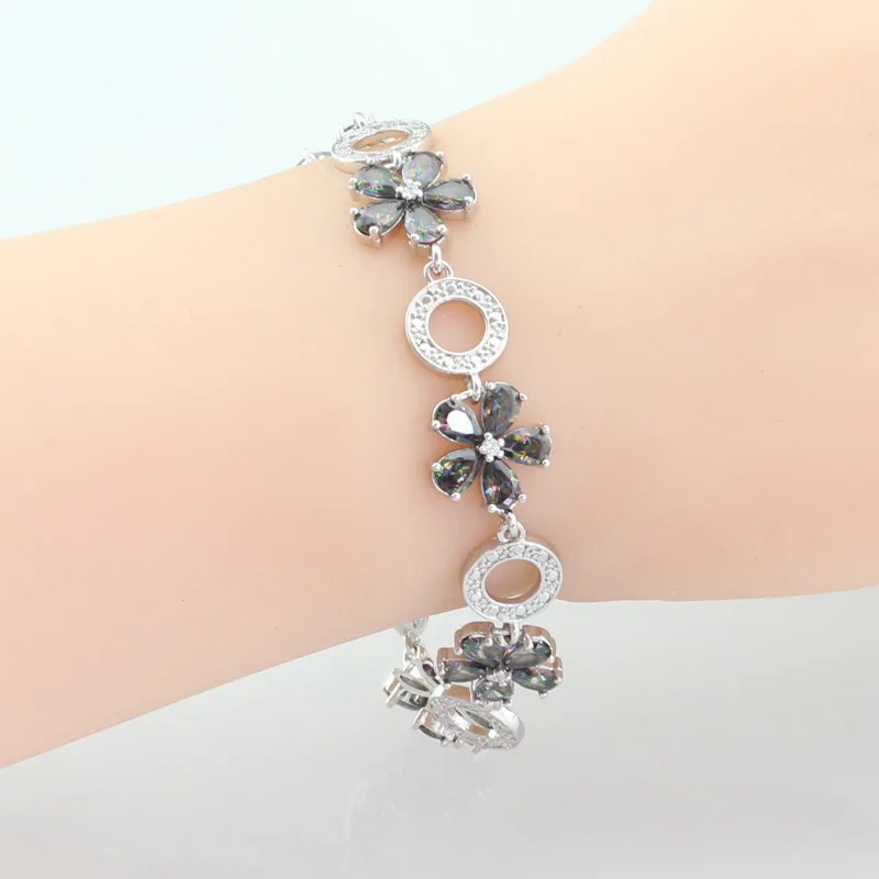 Серебряные Ювелирные наборы для женщин, разноцветные радужные кристаллы, ожерелье, кулон, браслеты, серьги, кольца, подарочная коробка