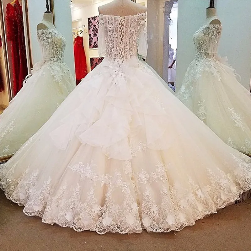 Backlake Vestido de noiva de renda ball gown lace up back half sleeves