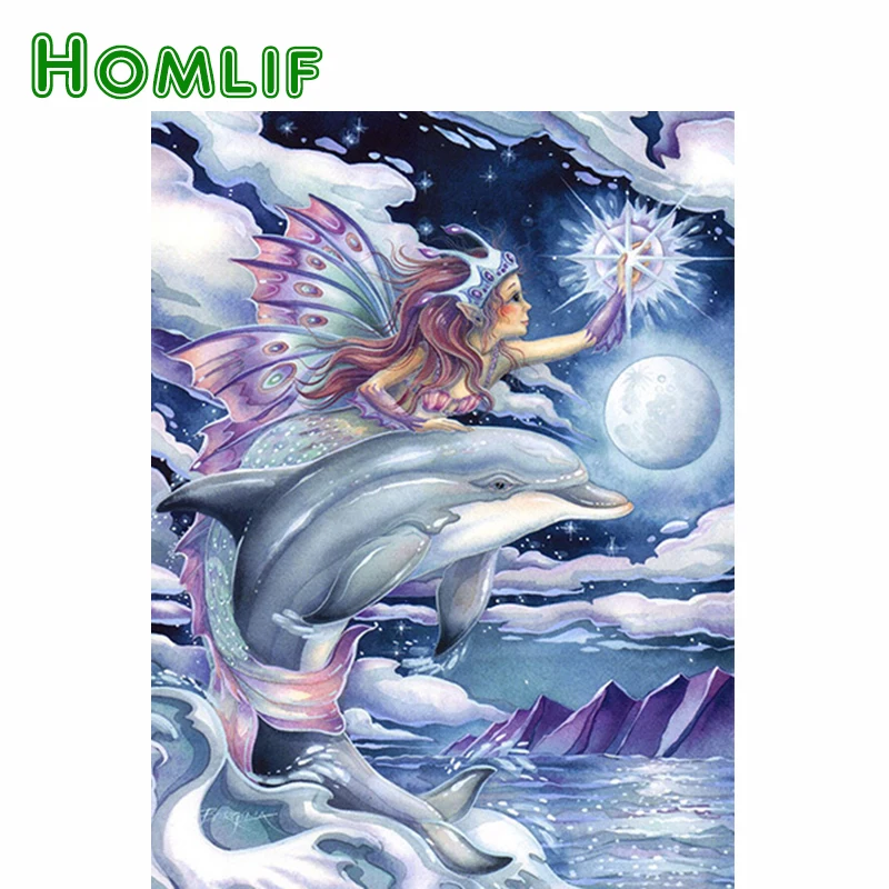 HOMLIF Diamond Painting Cartoon Mosaic Mermaid DIY Full Square Drill Dolphin Picture Of Rhinestone Wall Stickers | Дом и сад