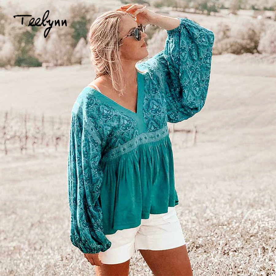 Skup TEELYNN 2018 Boho bluzka red Floral print jesień bluzki dekolt puff długim Rękawem Czechy top Hippie Vinatge luźne bluzki damskie