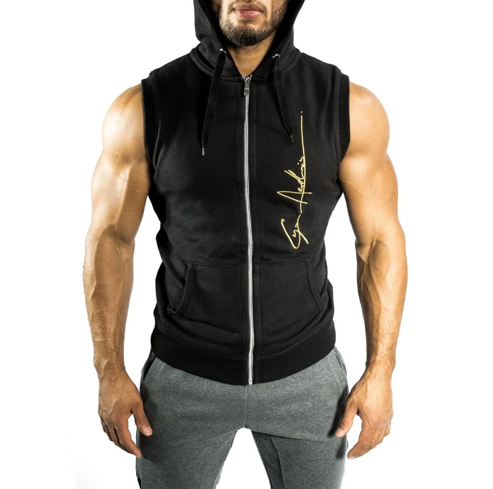 

Brand Mens Muscle Hoodie Hooded Vest Singlets Zipper Tank Tops Stringer Bodybuilding Fitness Sleeveless Vest Sportwear