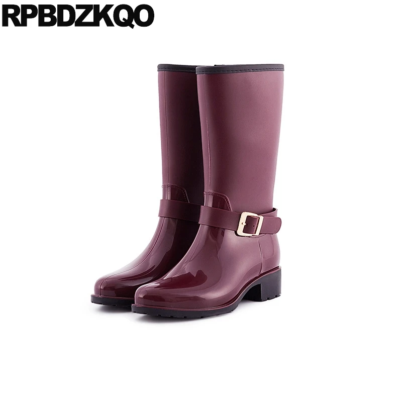 

Metal Shoes Cheap Boots 2017 Wine Red Women Autumn Mid Calf Rain Low Heel Round Toe Rainboots Slip On Waterproof Fashion Ladies