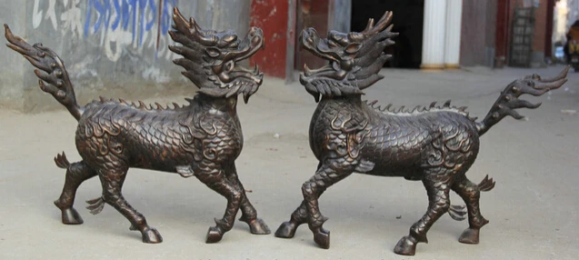 

JP S0524 28" Larger Chinese Bronze exorcise Kylin Chi-lin Qilin sculpture Statue Pair