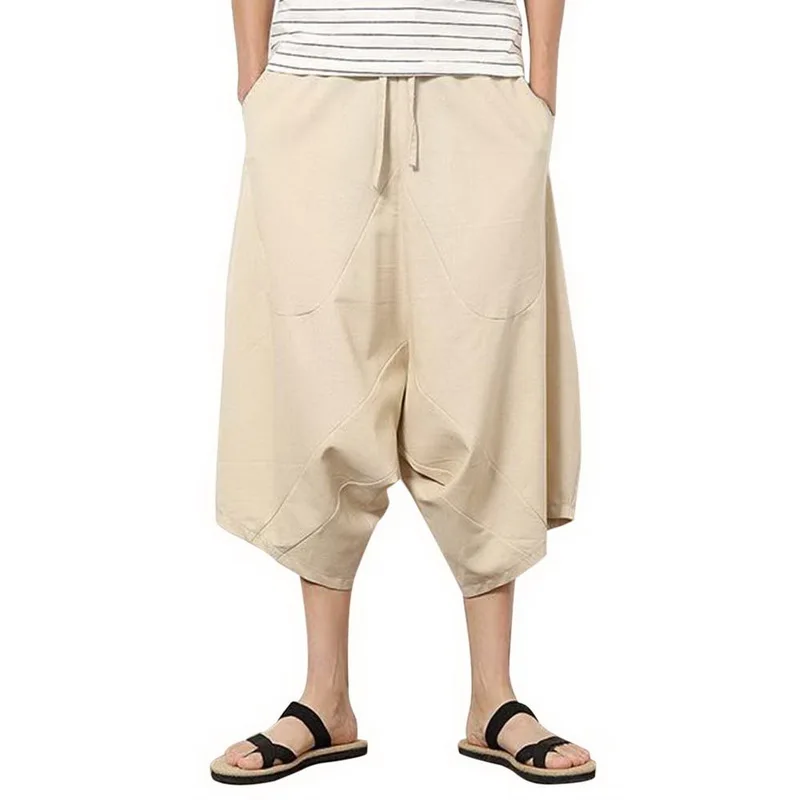 SHUJIN летние мужские повседневные мешковатые хлопковые льняные штаны для отдыха мужские однотонные китайские брюки до середины икры широкие брюки