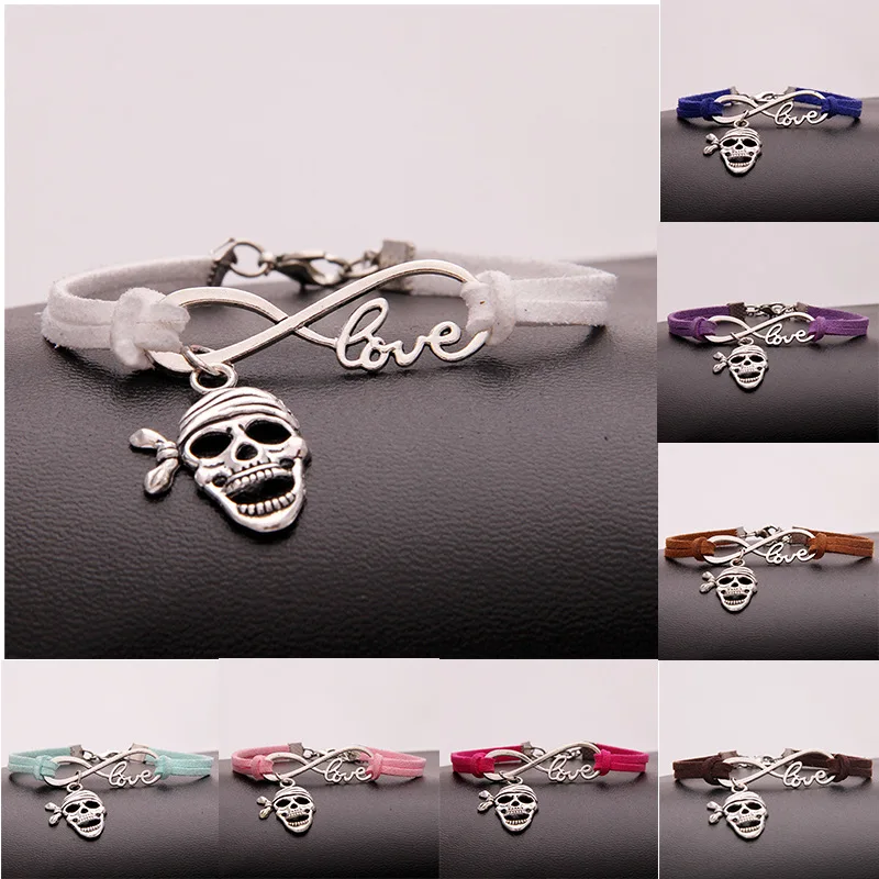 

New Hot Ancient Silver Pirate Mask Infinity Love Charm Hand-woven Korean Velvet Rope Bracelet Wrap Leather Fashion Women Jewelry