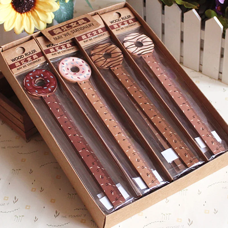 

1Pcs Cartoon Drawing Geometric Ruler Creative Food Dessert Donut Shape Wooden Straight Ruler School Office Stationery Gifts 15cm