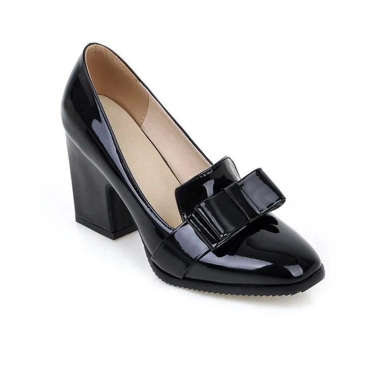 2018 Europe and America All-match Bow Thick Heels Women's Shoes High Heels Patent Leather Black Work Shoes Plus Big Size 42 43