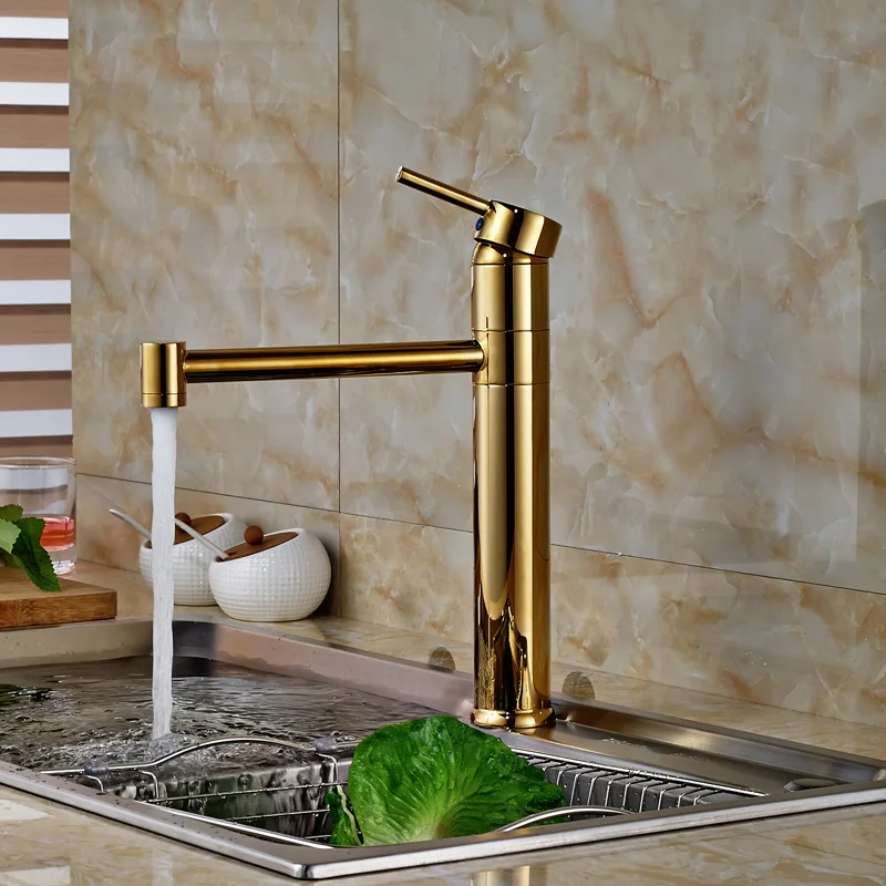 Modern Golden Polished Kitchen Mixer Water Faucet Single Handle hole Long Spout Kitchen Hot Cold Taps
