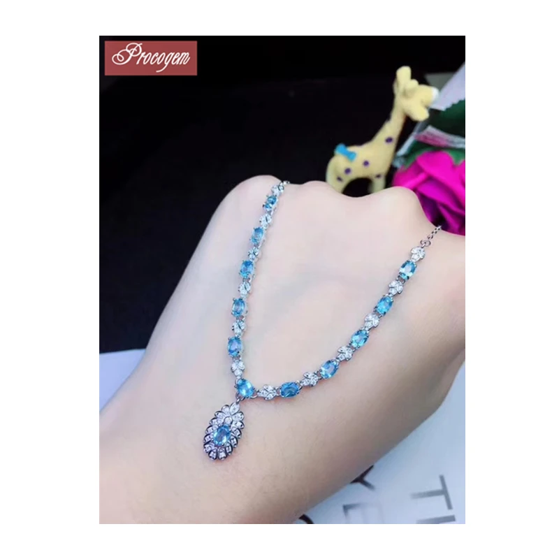 

Natural Blue Topaz pendant necklaces 12pcs gems Silver 925 Genuine Gemstones necklaces for wedding Female fine Jewelry gift