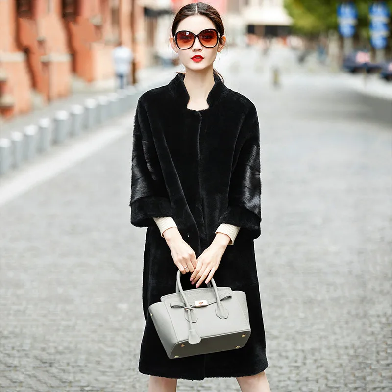 Real Fur Coat Sheep Shearling Fur Winter Coat Women Clothes 2018 Korean Mink Fur Sleeve Double-faced Fur Wool Jacket ZT853