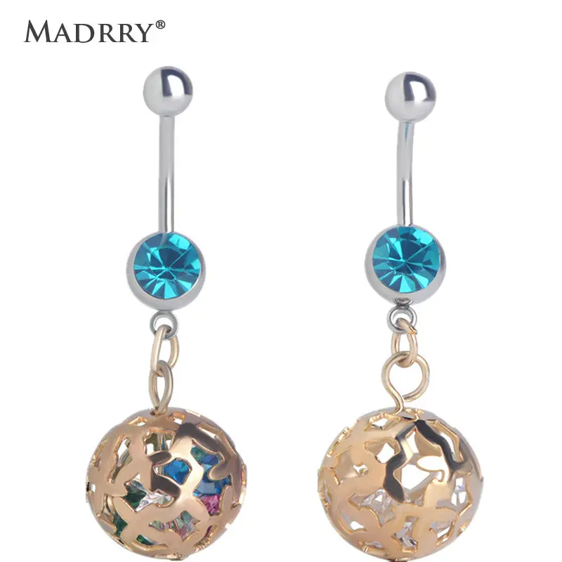 Madrry Zircon Ball Hollow Belly Button Ring Stainless Steel Long Pendant Beach Bikini Body Piercing Jewelry Rings For Women | Украшения и