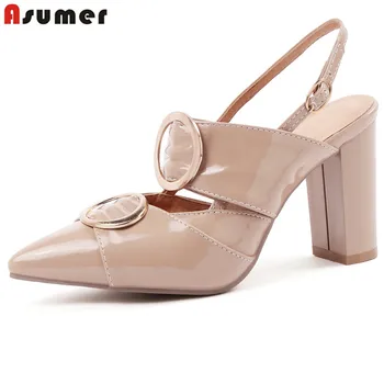 

ASUMER Plus size 34-47 New 2020 slingback women pumps thick high heels shoes buckle pointed toe nude color date wedding shoes