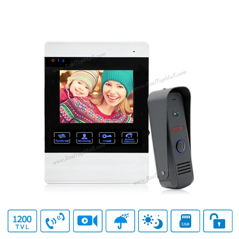 

4 inch TFT Color Monitor 1200TVL Camera Video Door Phone Intercom Security Speaker System Waterproof IR Night Vision 1v1