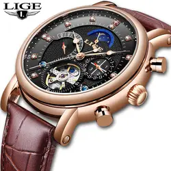 LIGE механические часы для мужчин Спорт Tourbillon Автоматический Топ Элитный бренд Relojes Hombre кожа Moon Phase часы мужские Relogio + коробка