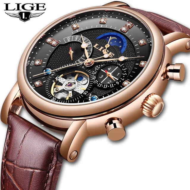 

LIGE Mechanical Watch Men Sport Tourbillon Automatic Top Luxury Brand Relojes Hombre Leather Moon Phase Watches Men Relogio+Box