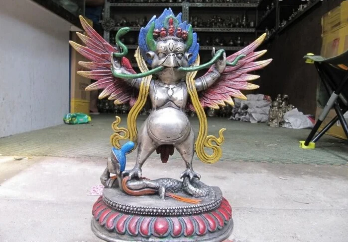 

150624 S2101 11 Tibet Buddhism temple Silver painted multicolor Garuda Dapeng Bird God Statue discount 30% (C0324)