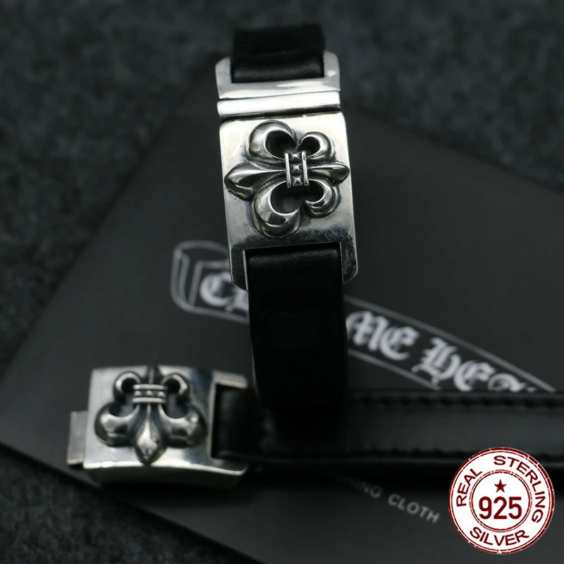 

100% S925 sterling silver leather bracelet personality fashion retro hip hop punk jewelry anchor styling to send lover's gift