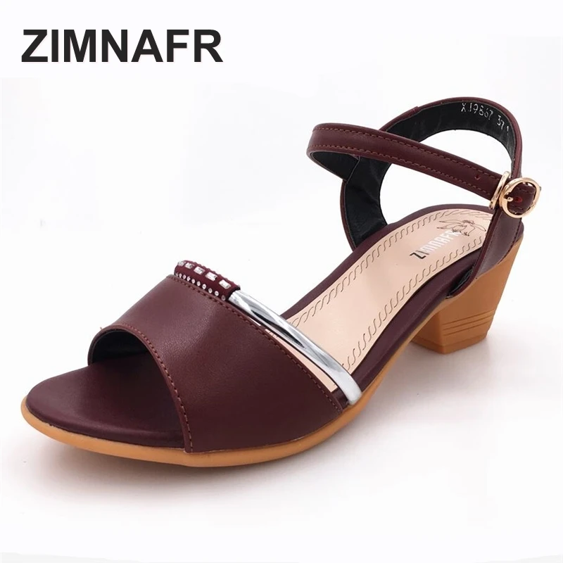 

woman sandals 2017 summer Fish mouth genuine leather thick high heel sandals plus size gladiator soft breathable female sandals