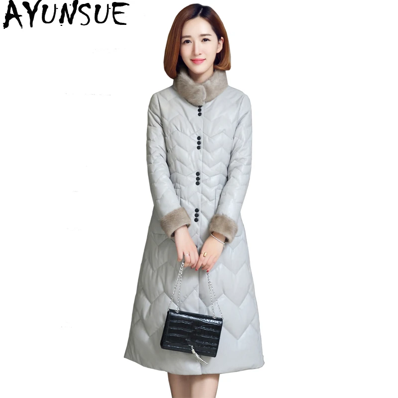 

AYUNSUE Women Genuine Leather Jacket Natural Mink Fur Collar Long Winter Down Jackets Real Sheepskin Coat Plus Size 5XL 87022